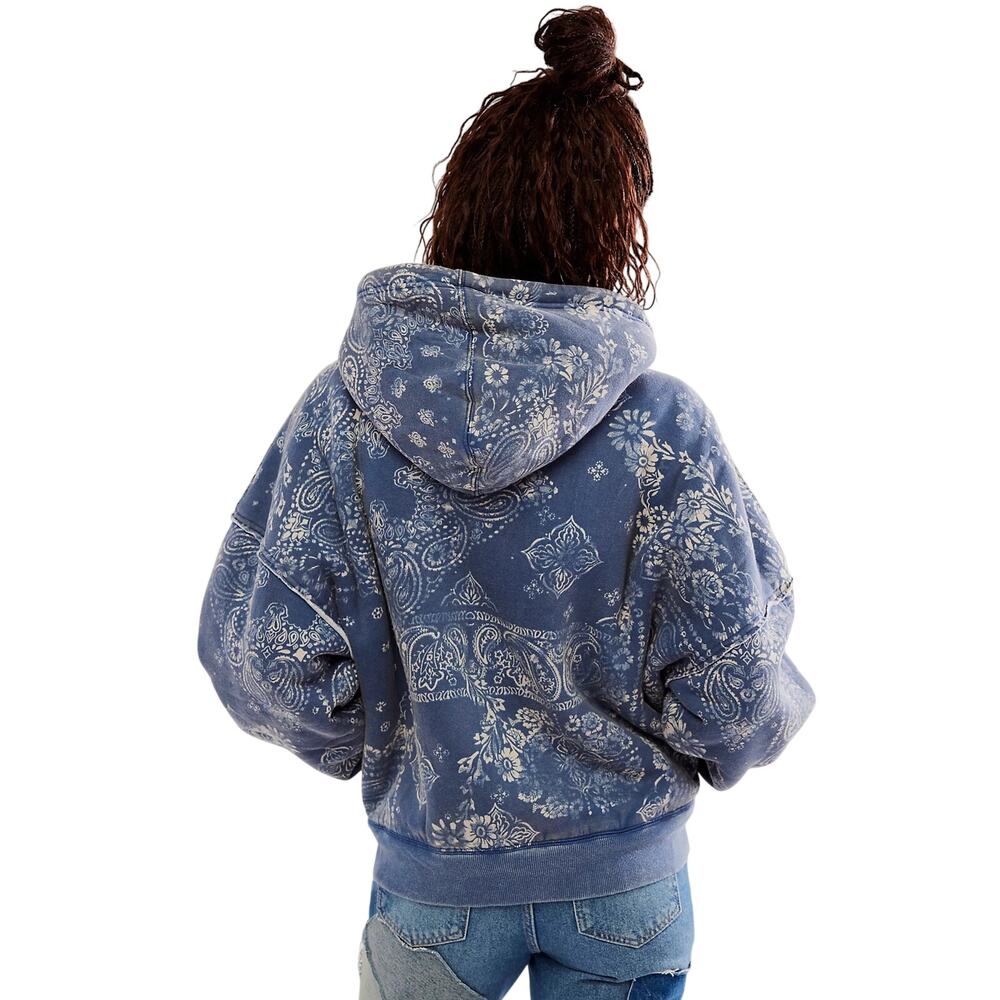Free People Billie Jacket XS Blue Paisley Sherpa Lined Zip Hoodie Crop Oversized - Picture 2 of 16